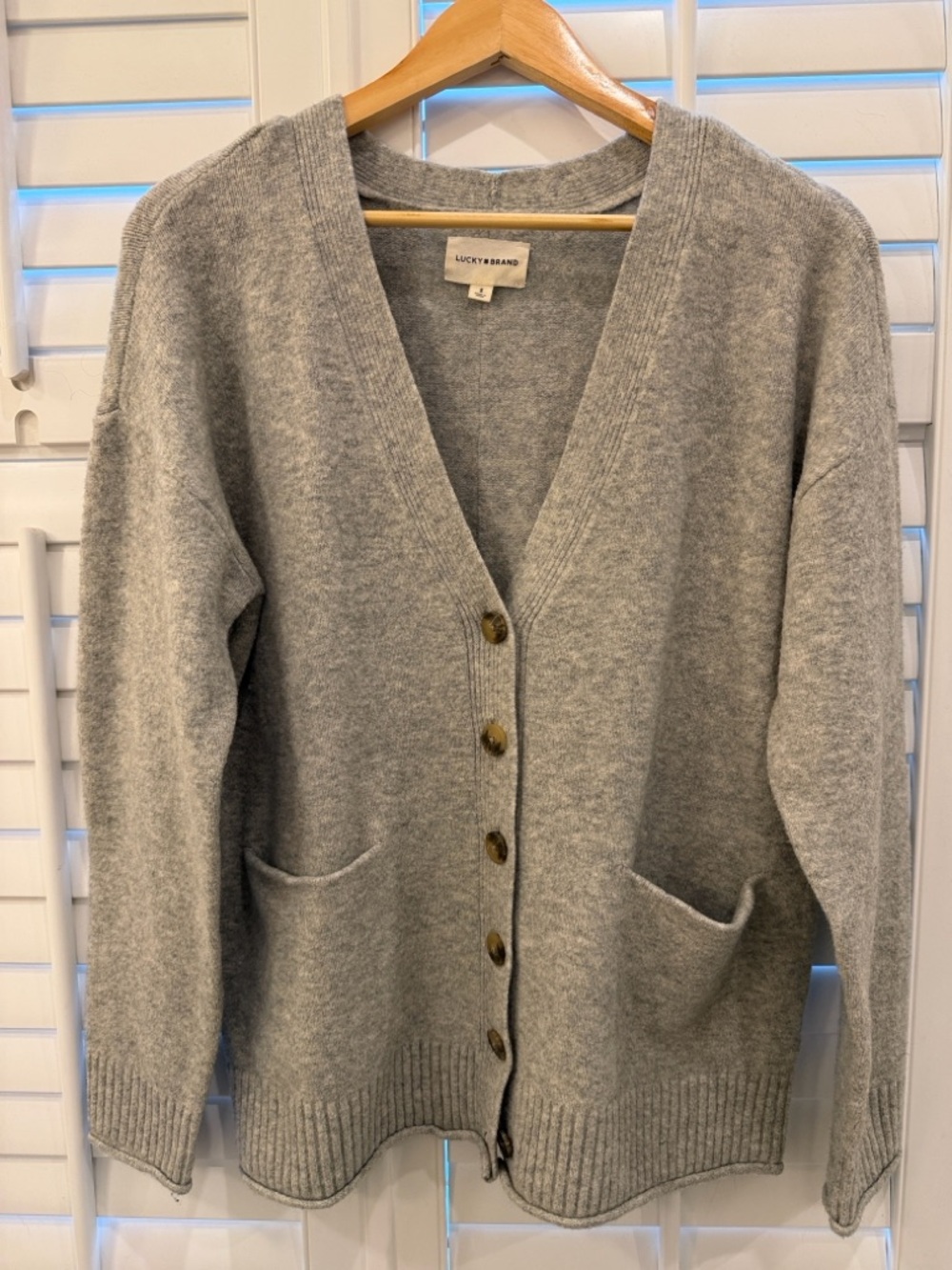 Lucky Brand Gray V‑Neck Button Front Cardigan